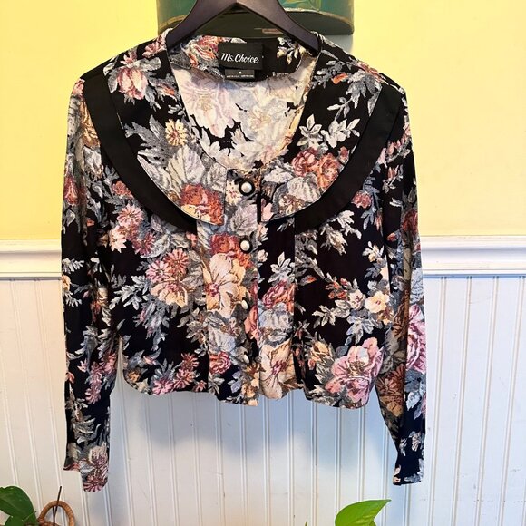 Ms. Choice M Vintage 80s 90 tapestry crop jacket extra wide collar black floral - Picture 1 of 7